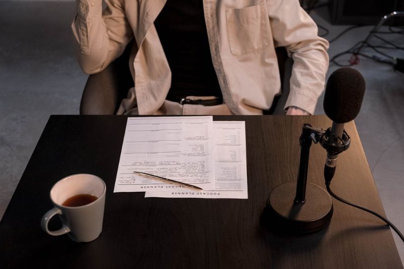 A person sitting in front of a table with papers and a microphone