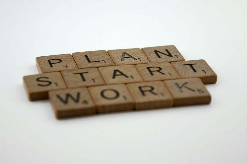 scrabble tiles spelling plan, start, and work